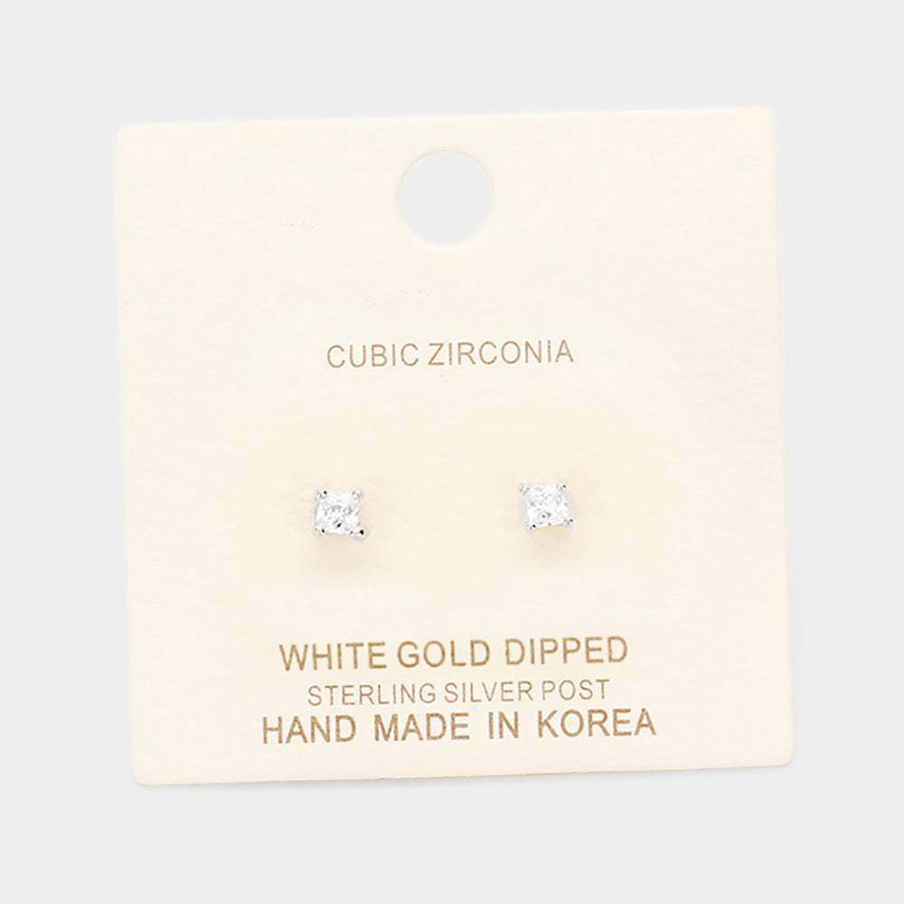 White Gold Dipped 3mm Cubic Zirconia Square Stud Earrings - Madeline Love - Flyclothing LLC