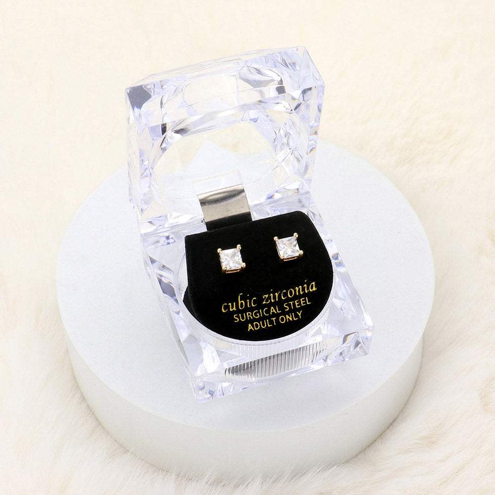 5mm Square Crystal Cubic Zirconia CZ Stud Earrings with Clear Box - Madeline Love - Flyclothing LLC