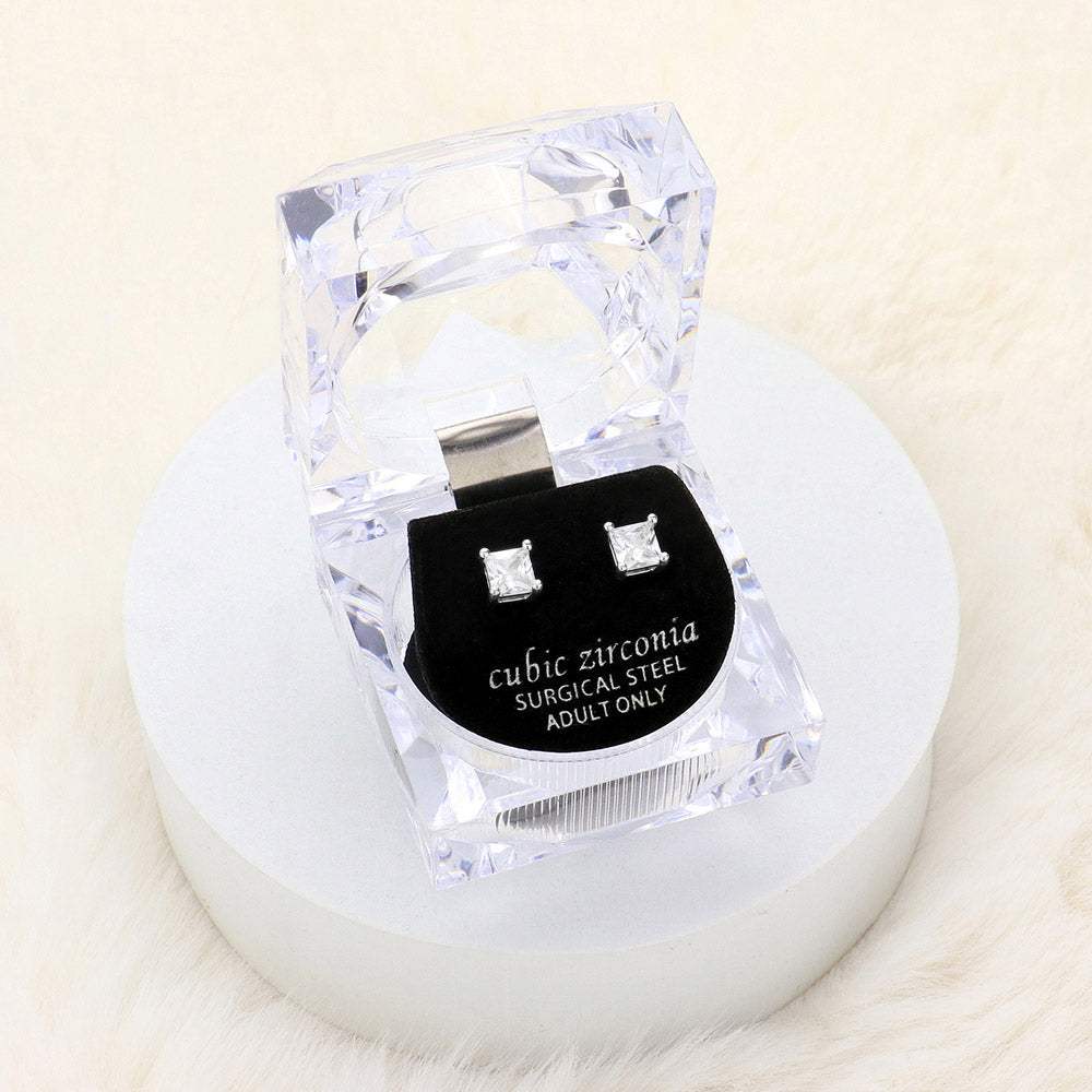 5mm Square Crystal Cubic Zirconia CZ Stud Earrings with Clear Box - Madeline Love - Flyclothing LLC