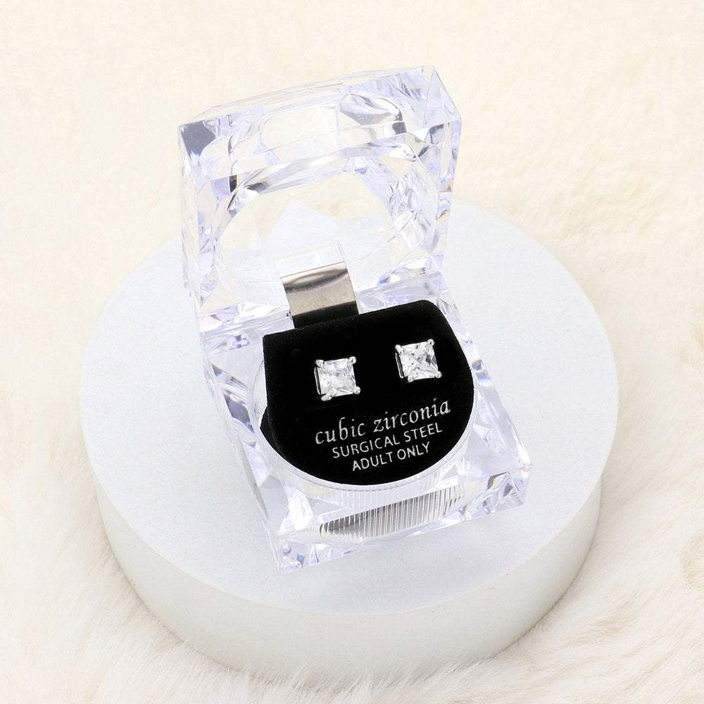 6mm Square Crystal Cubic Zirconia CZ Stud Earrings with Clear Box - Madeline Love - Flyclothing LLC