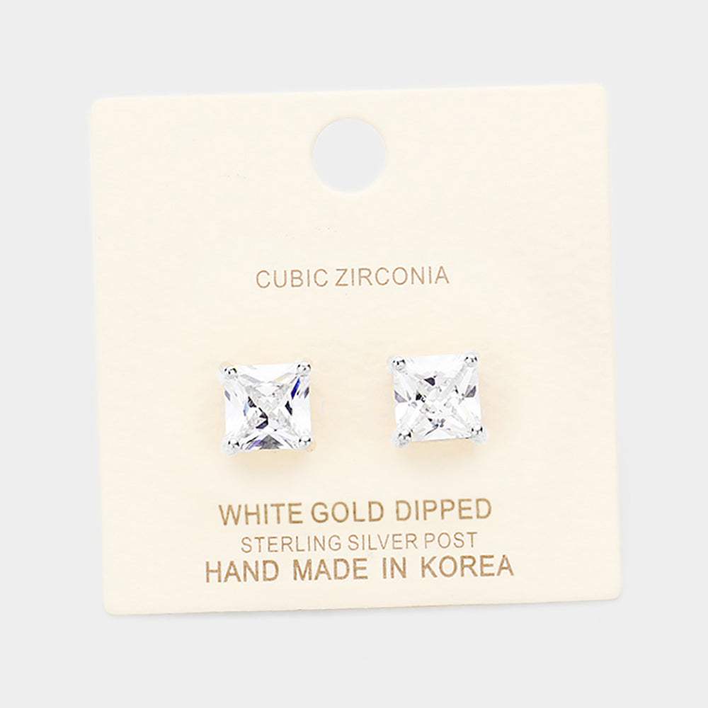 White Gold Dipped 8mm Cubic Zirconia Square Stud Earrings - Madeline Love - Flyclothing LLC