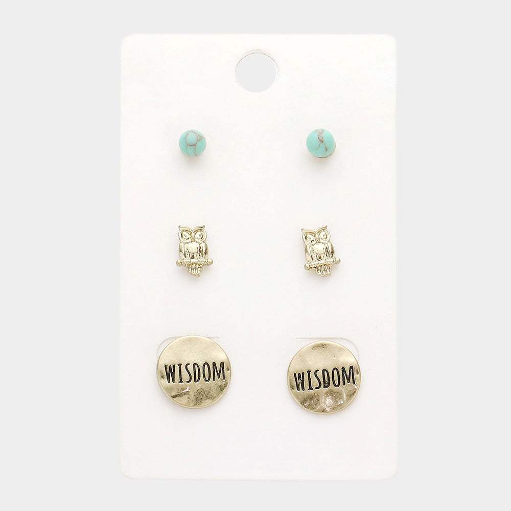 3Pairs - Turquoise Owl Wisdom Message Stud Earrings - Madeline Love - Flyclothing LLC