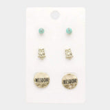 3Pairs - Turquoise Owl Wisdom Message Stud Earrings - Madeline Love - Flyclothing LLC