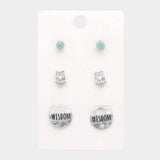 3Pairs - Turquoise Owl Wisdom Message Stud Earrings - Madeline Love - Flyclothing LLC