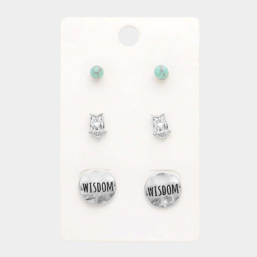 3Pairs - Turquoise Owl Wisdom Message Stud Earrings - Madeline Love - Flyclothing LLC