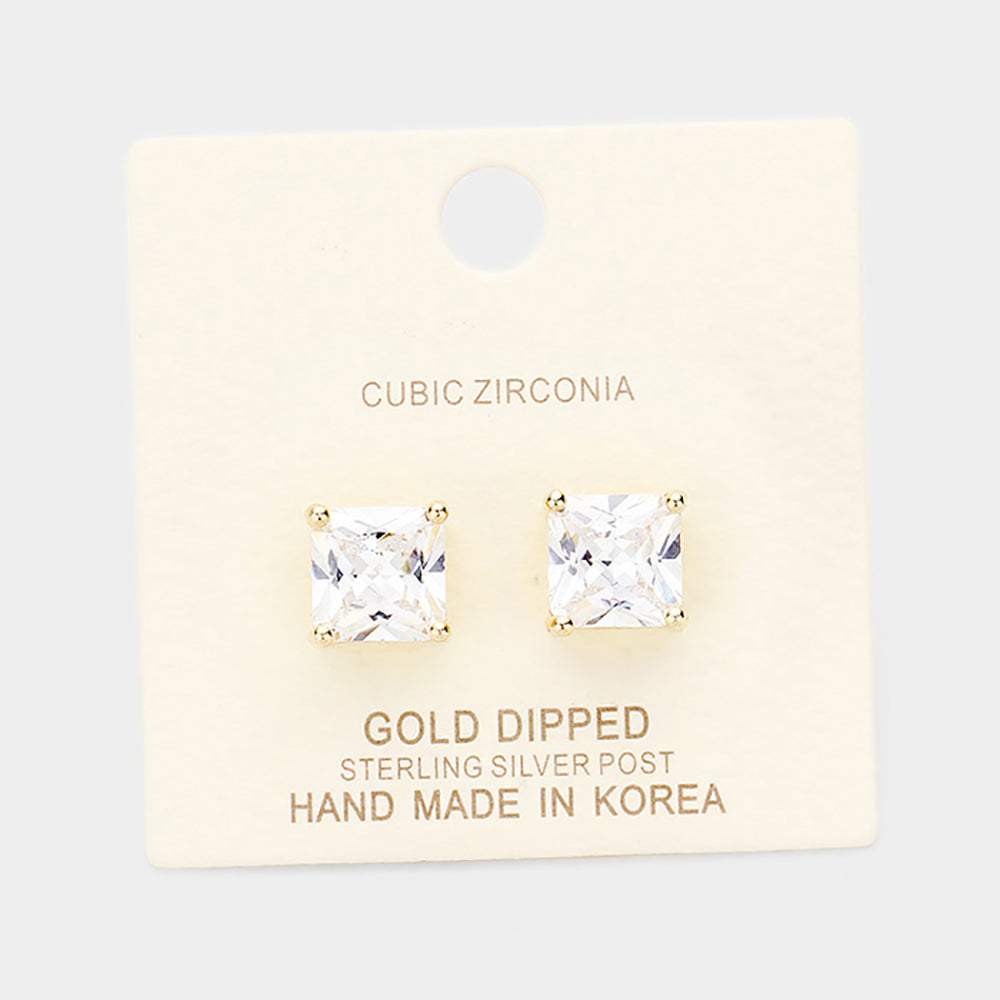 Gold Dipped 9mm Cubic Zirconia Square Stud Earrings - Madeline Love - Flyclothing LLC