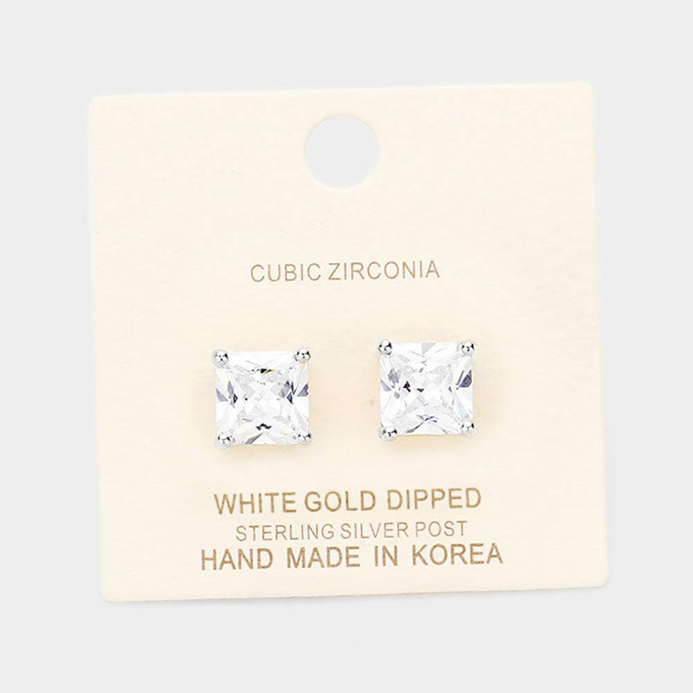 White Gold Dipped 9mm Cubic Zirconia Square Stud Earrings - Madeline Love - Flyclothing LLC