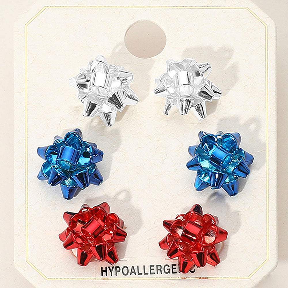 3Pairs - American USA Metal Mini Gift Bow Stud Earring Set - Madeline Love - Flyclothing LLC