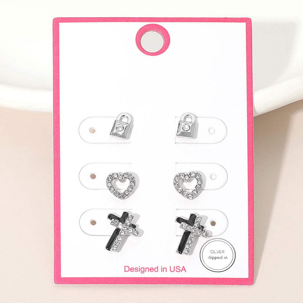 3Pairs - Silver Dipped Stone Pave Mini Lock Heart Double Cross Stud Earring Set - Madeline Love - Flyclothing LLC