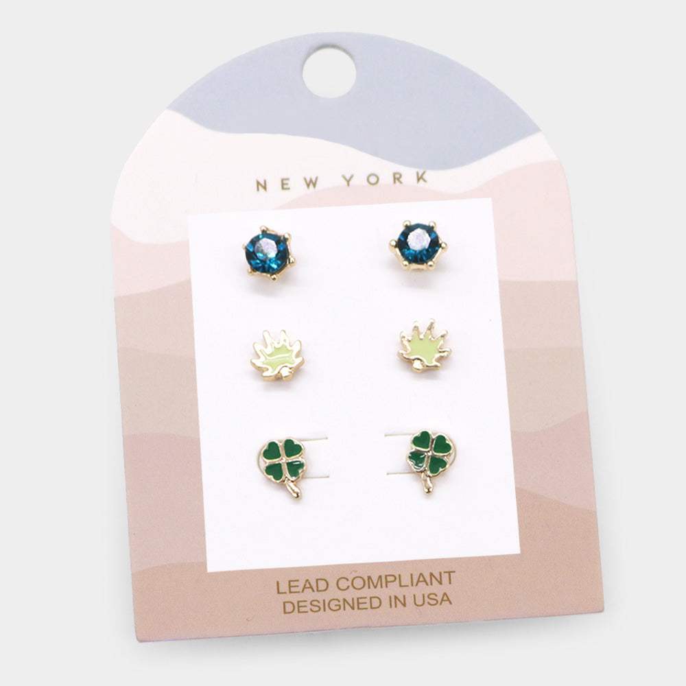 3Pairs - Round Stone Enamel Leaf Clover Stud Earrings - Madeline Love - Flyclothing LLC
