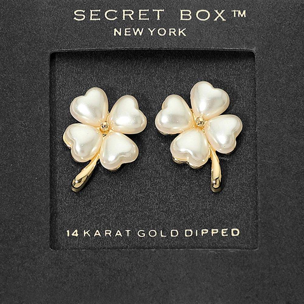SECRET BOX_14K Gold Dipped Pearl Four Leaf Clover Stud Earrings - Madeline Love - Flyclothing LLC
