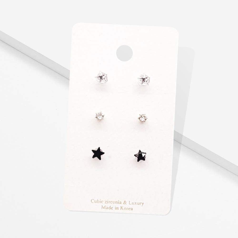 3Pairs - CZ Star Round Stud Earrings - Madeline Love - Flyclothing LLC