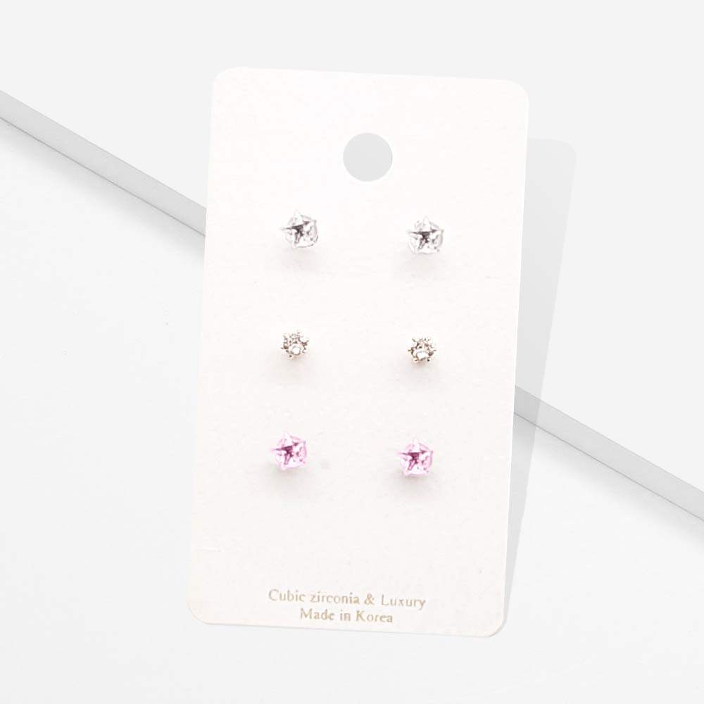 3Pairs - CZ Star Round Stud Earrings - Madeline Love - Flyclothing LLC