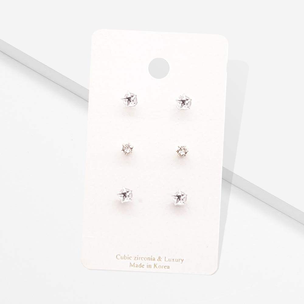 3Pairs - CZ Star Round Stud Earrings - Madeline Love - Flyclothing LLC