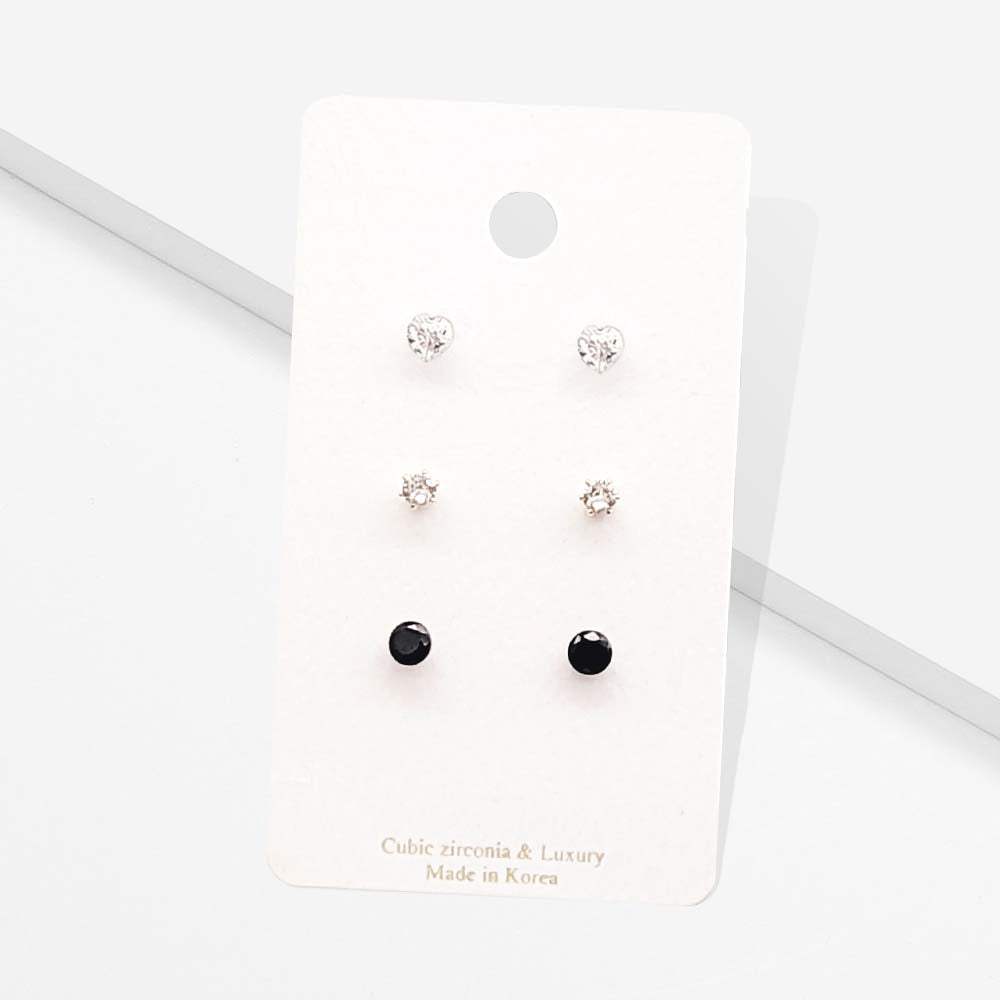 3Pairs - CZ Heart Round Stud Earrings - Madeline Love - Flyclothing LLC