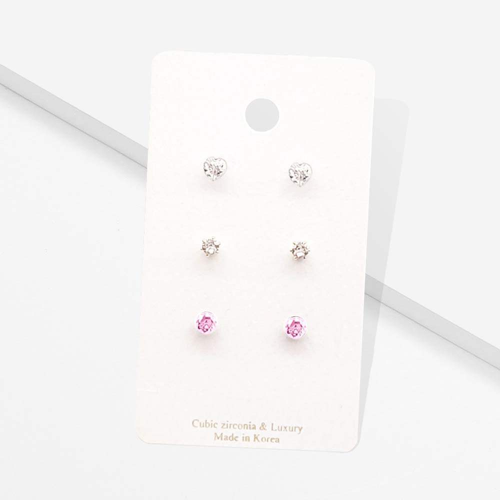 3Pairs - CZ Heart Round Stud Earrings - Madeline Love - Flyclothing LLC