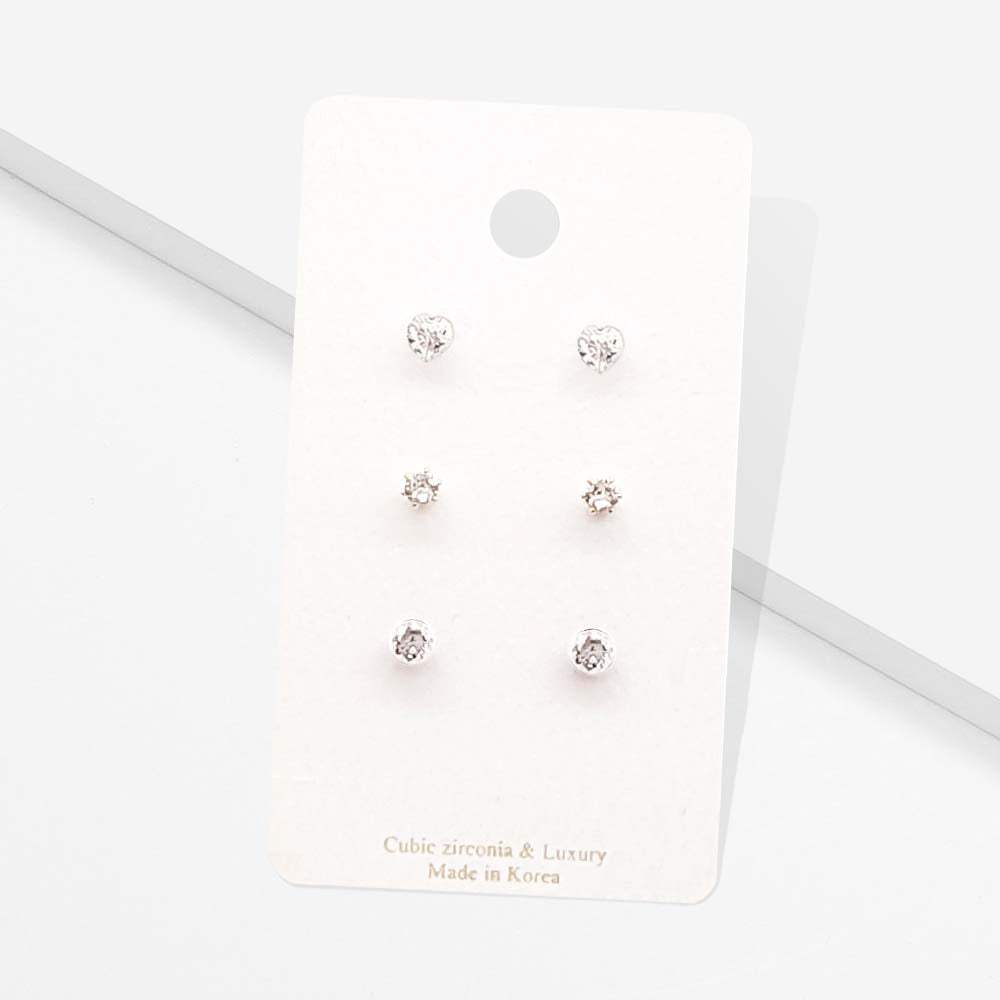 3Pairs - CZ Heart Round Stud Earrings - Madeline Love - Flyclothing LLC