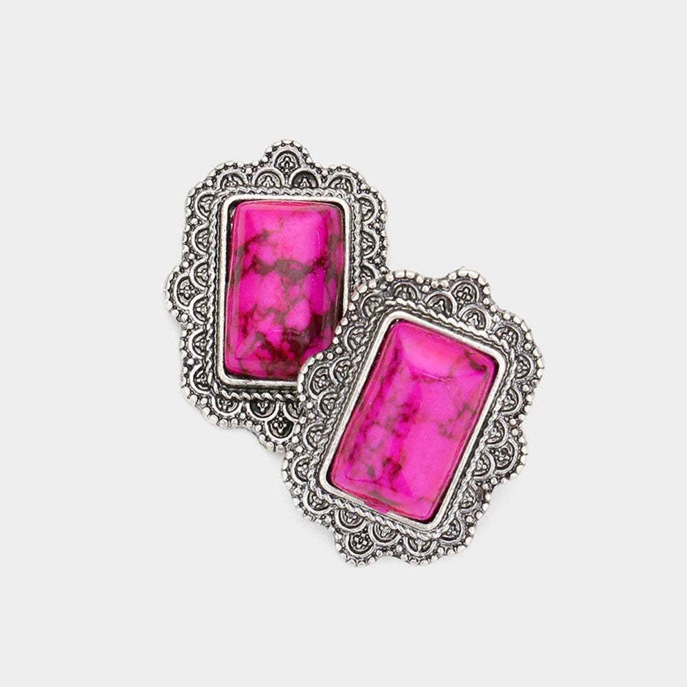 Natural Stone Rectangle Antique Metal Stud Earrings - Madeline Love - Flyclothing LLC