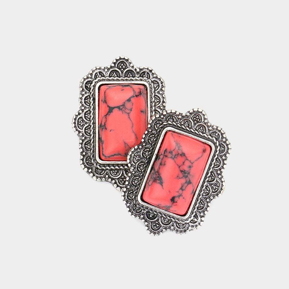 Natural Stone Rectangle Antique Metal Stud Earrings - Madeline Love - Flyclothing LLC