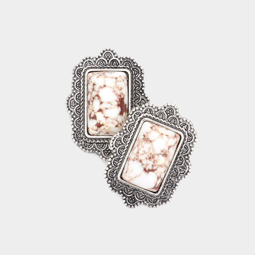 Natural Stone Rectangle Antique Metal Stud Earrings - Madeline Love - Flyclothing LLC