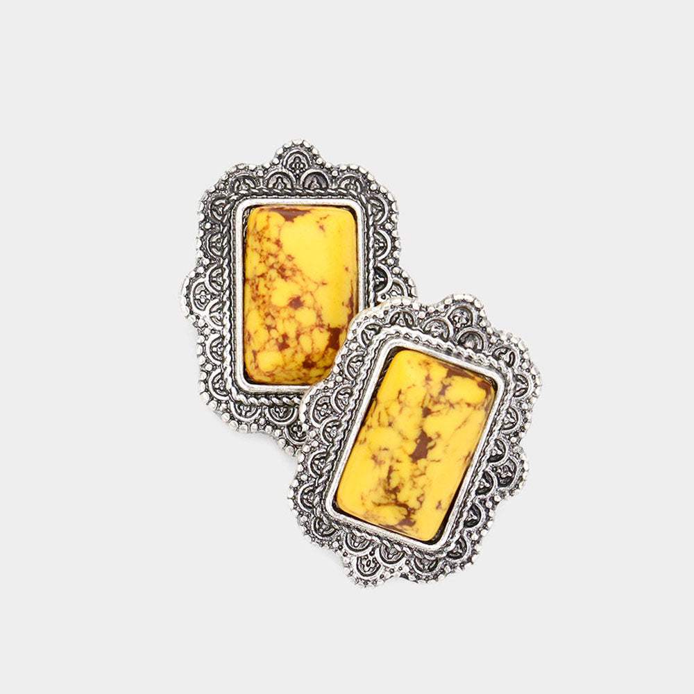 Natural Stone Rectangle Antique Metal Stud Earrings - Madeline Love - Flyclothing LLC