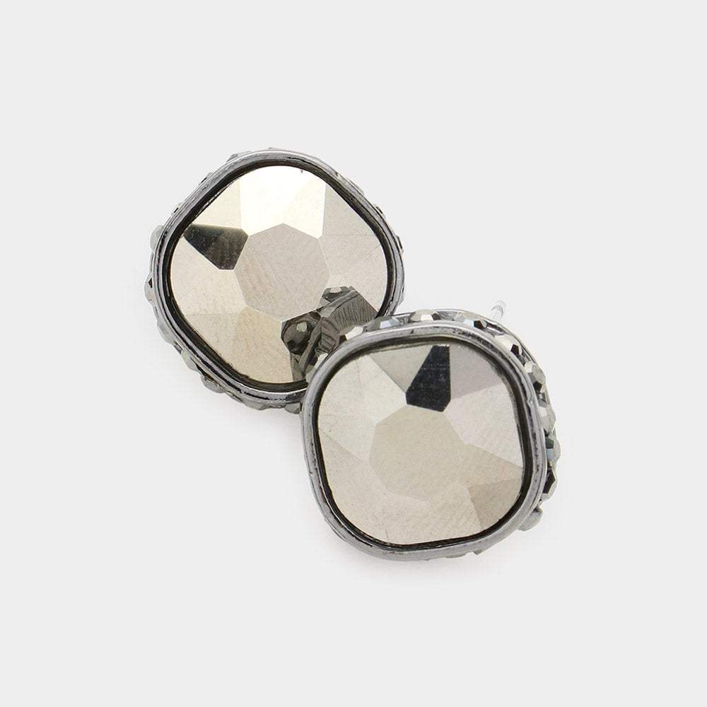 Rhinestone Trimmed Square Stone Evening Stud Earrings - Madeline Love - Flyclothing LLC