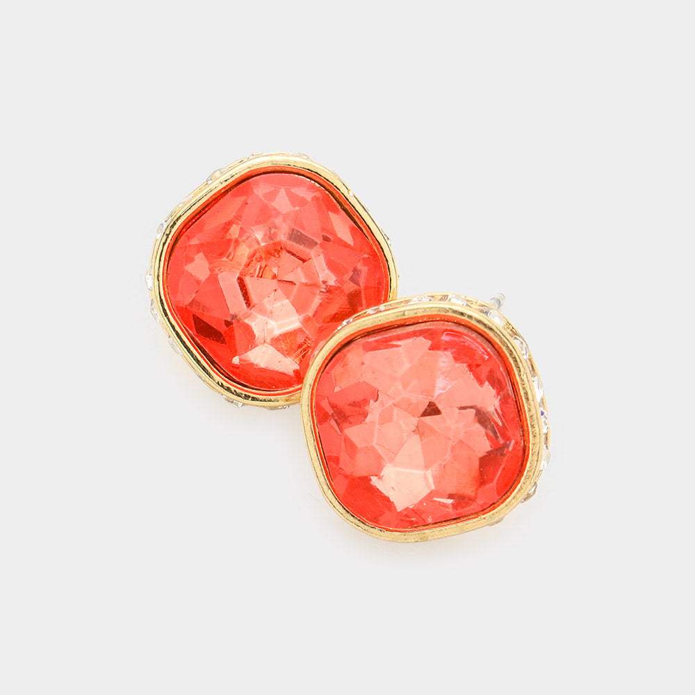 Rhinestone Trimmed Square Stone Evening Stud Earrings - Madeline Love - Flyclothing LLC