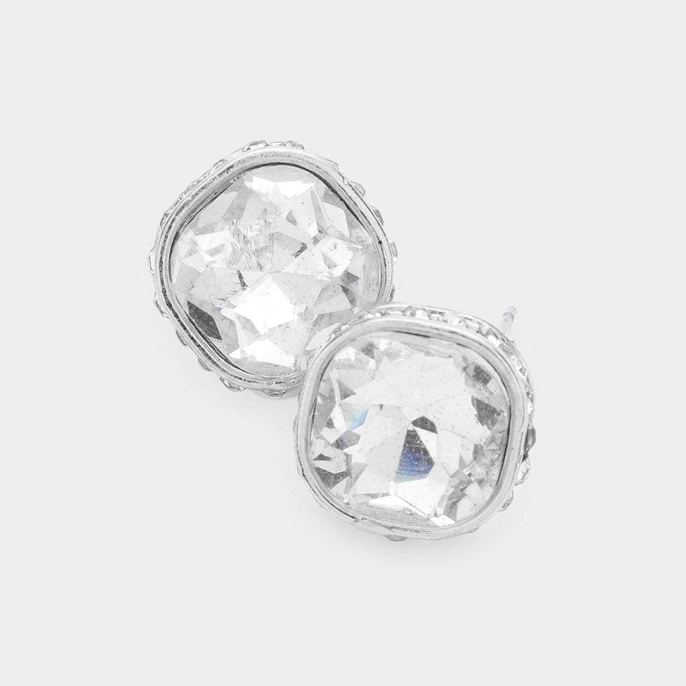Rhinestone Trimmed Square Stone Evening Stud Earrings - Madeline Love - Flyclothing LLC
