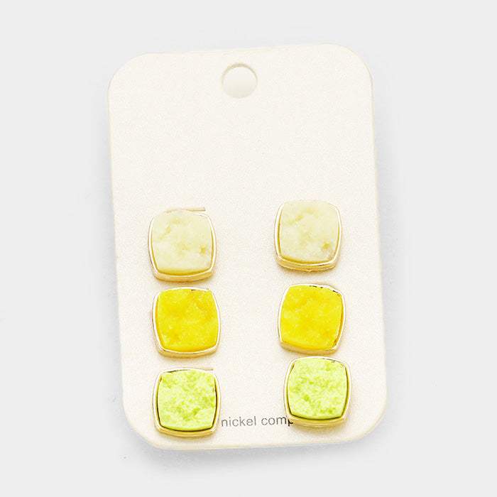 3Pairs Genuine Druzy Square Stud Earrings - Madeline Love - Flyclothing LLC