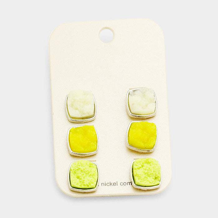 3Pairs Genuine Druzy Square Stud Earrings - Madeline Love - Flyclothing LLC