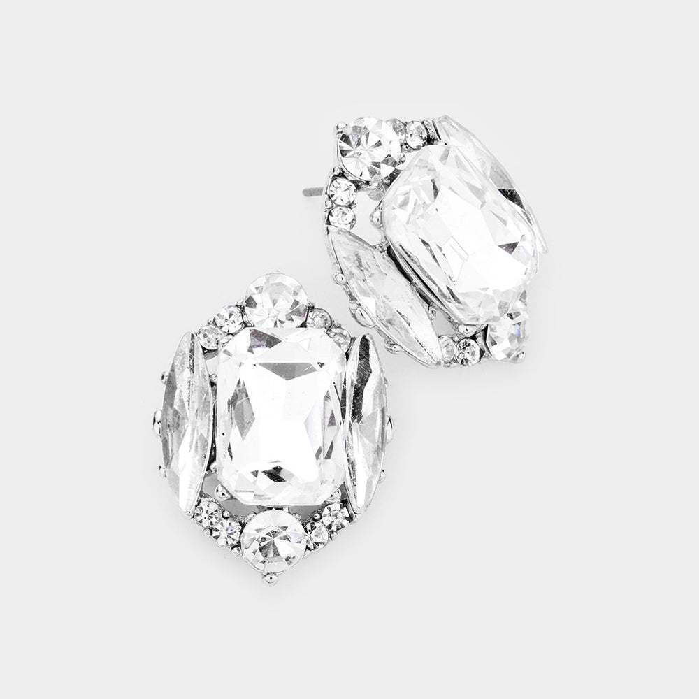 Emerald Cut Stone Accented Stud Evening Earrings - Madeline Love - Flyclothing LLC