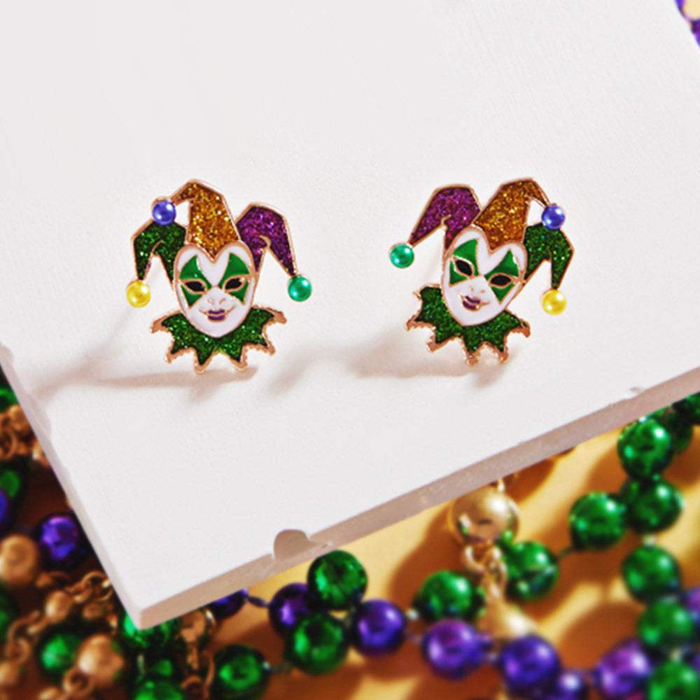 Mardi Gras Glittered Jester Pierrot Stud Earrings - Madeline Love - Flyclothing LLC