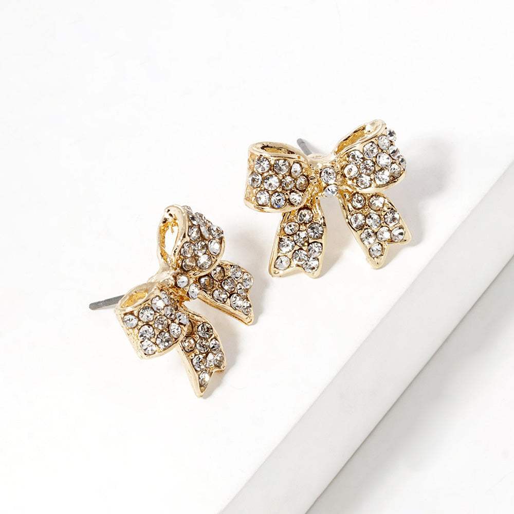 Crystal Rhinestone Pave Bow Stud Earrings - Madeline Love - Flyclothing LLC