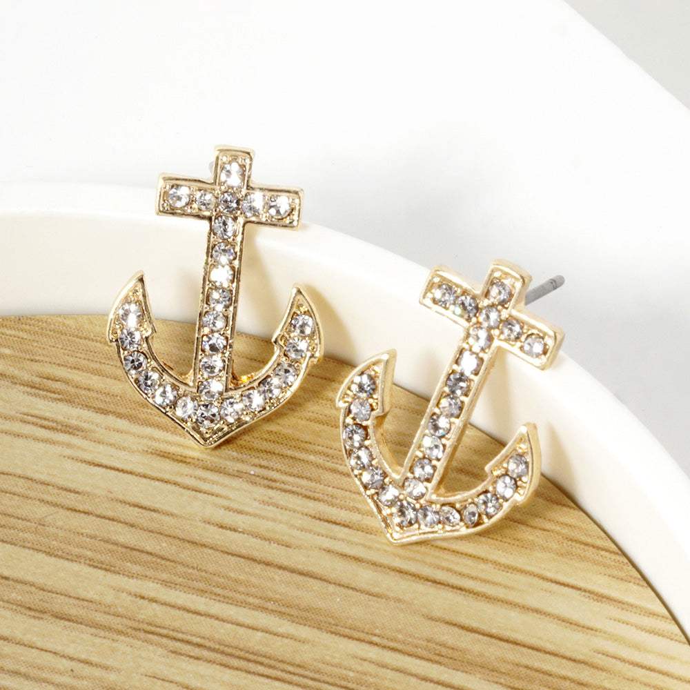 Crystal Stone Paved Anchor Stud Earrings - Madeline Love - Flyclothing LLC