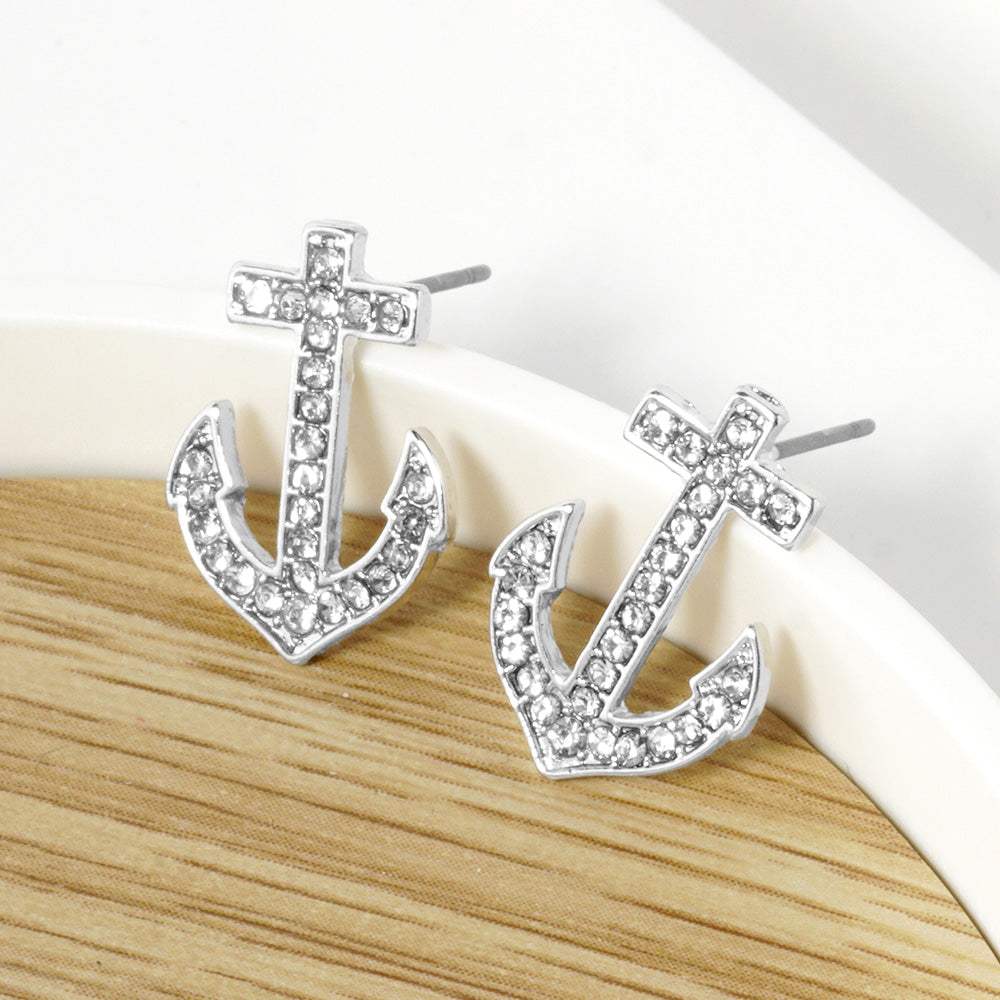 Crystal Stone Paved Anchor Stud Earrings - Madeline Love - Flyclothing LLC