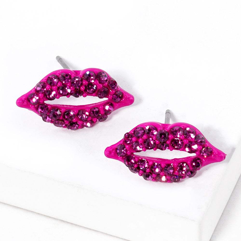 Crystal Rhinestone Paved Lips Stud Earrings - Madeline Love - Flyclothing LLC