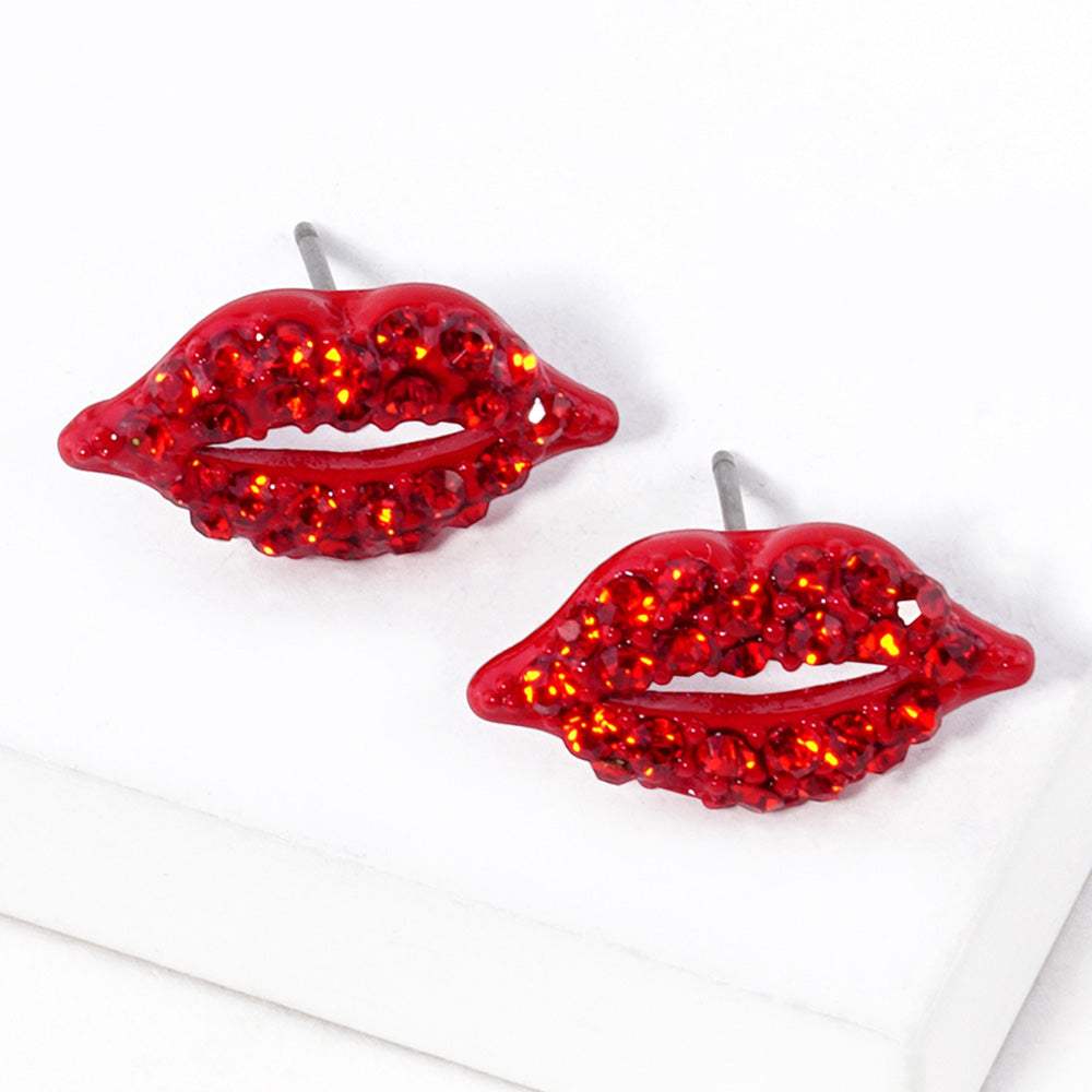 Crystal Rhinestone Paved Lips Stud Earrings - Madeline Love - Flyclothing LLC