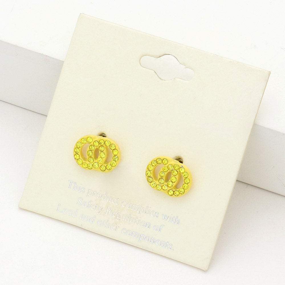 Rhinestone Embellished Double Open Circle Link Stud Earrings - Madeline Love - Flyclothing LLC