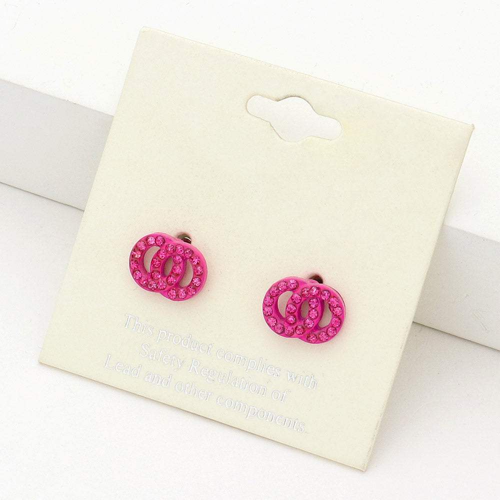 Rhinestone Embellished Double Open Circle Link Stud Earrings - Madeline Love - Flyclothing LLC