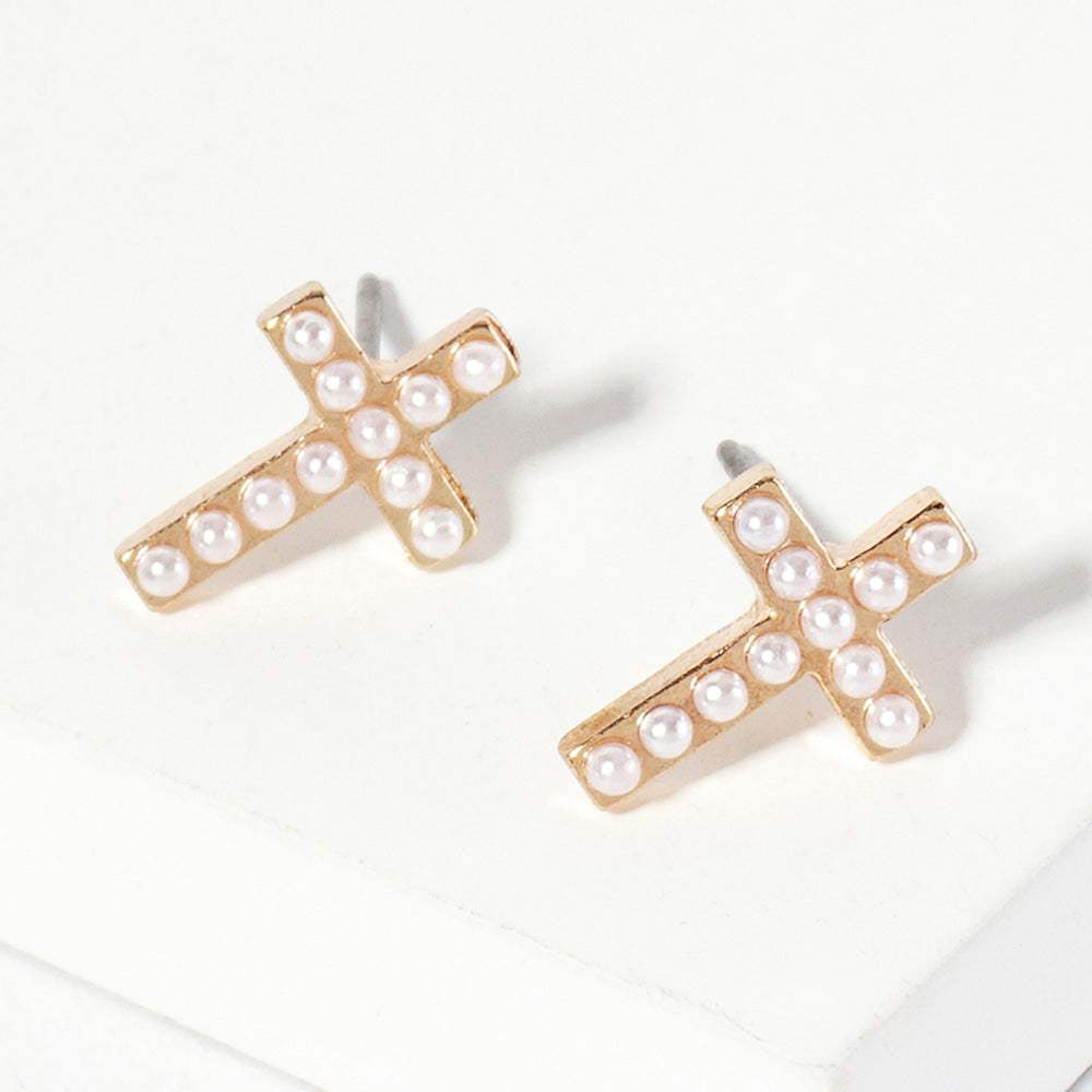 Pearl Cross Stud Earrings - Madeline Love - Flyclothing LLC