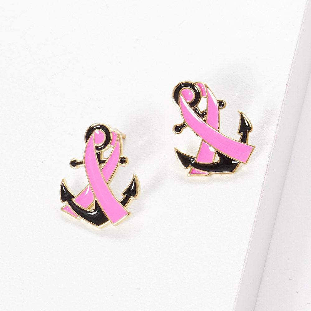 Gold Dipped Enamel Anchor Pink Ribbon Stud Earrings - Madeline Love - Flyclothing LLC