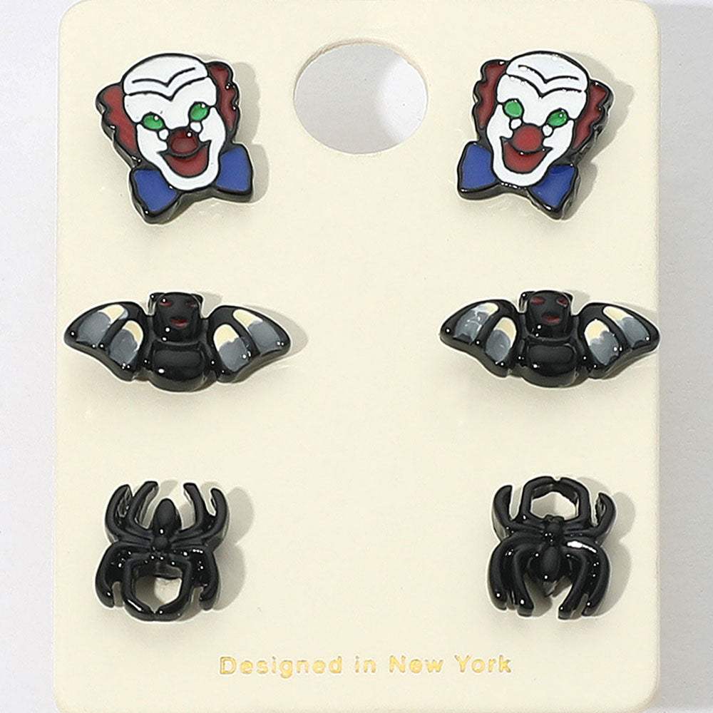 3Pairs - Halloween Clown Bat Spider Stud Earring Set - Madeline Love - Flyclothing LLC