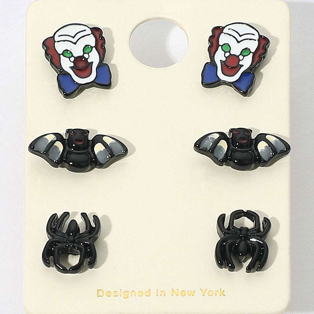 3Pairs - Halloween Clown Bat Spider Stud Earring Set - Madeline Love - Flyclothing LLC