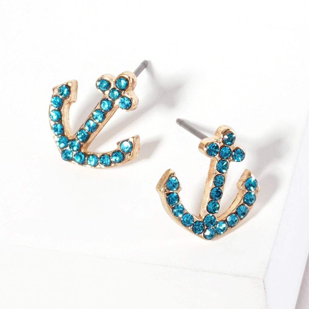 Crystal Rhinestone Paved Anchor Stud Earrings - Madeline Love - Flyclothing LLC