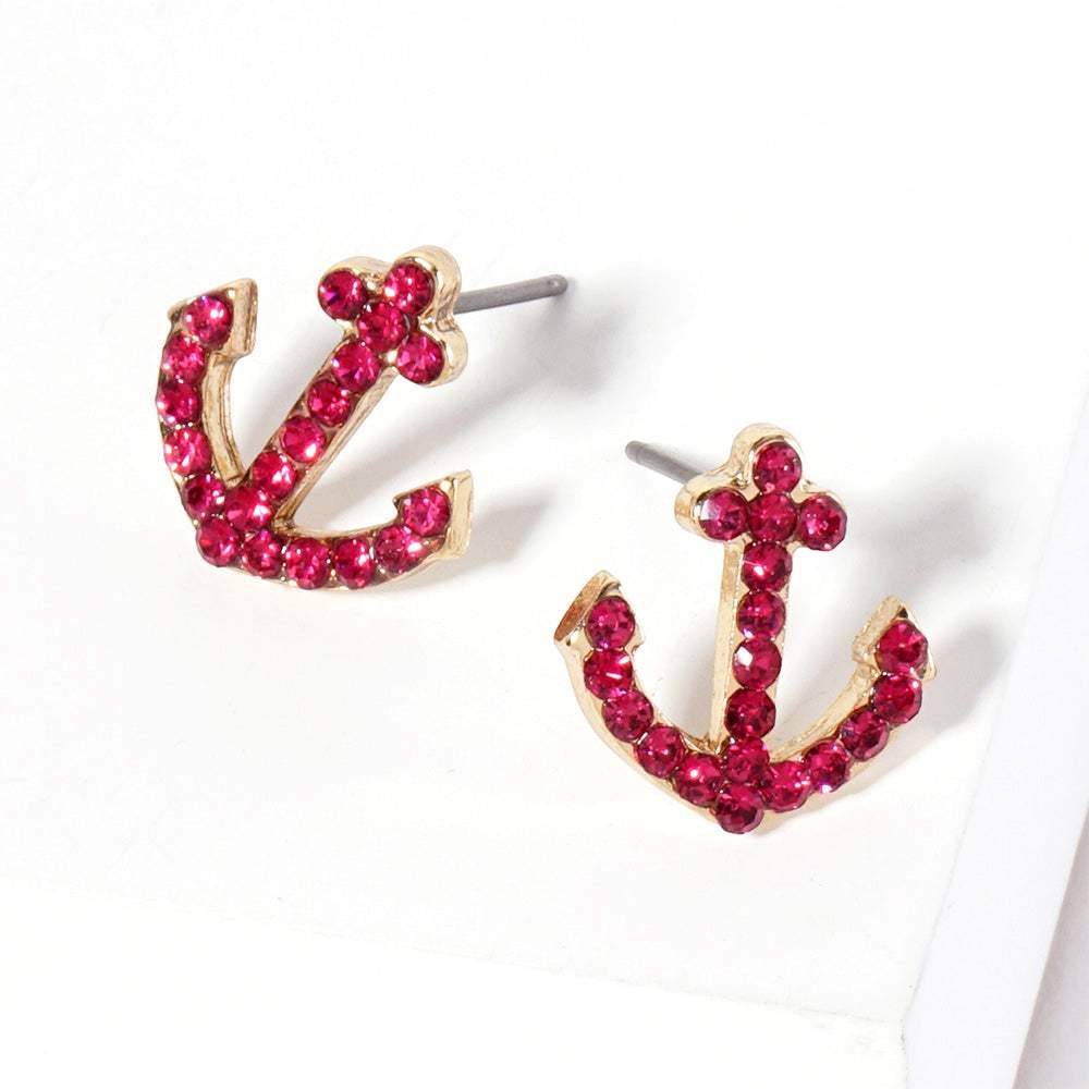 Crystal Rhinestone Paved Anchor Stud Earrings - Madeline Love - Flyclothing LLC