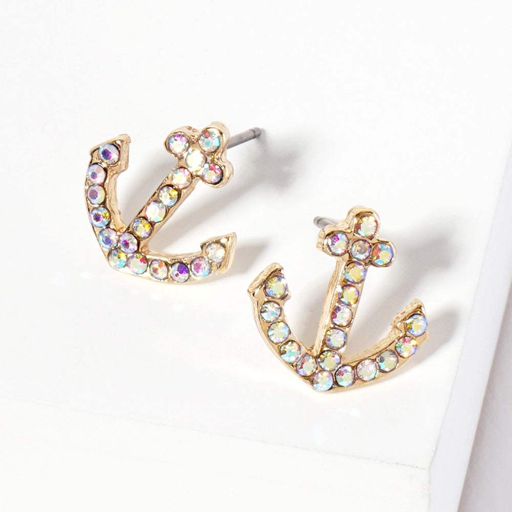 Crystal Rhinestone Paved Anchor Stud Earrings - Madeline Love - Flyclothing LLC