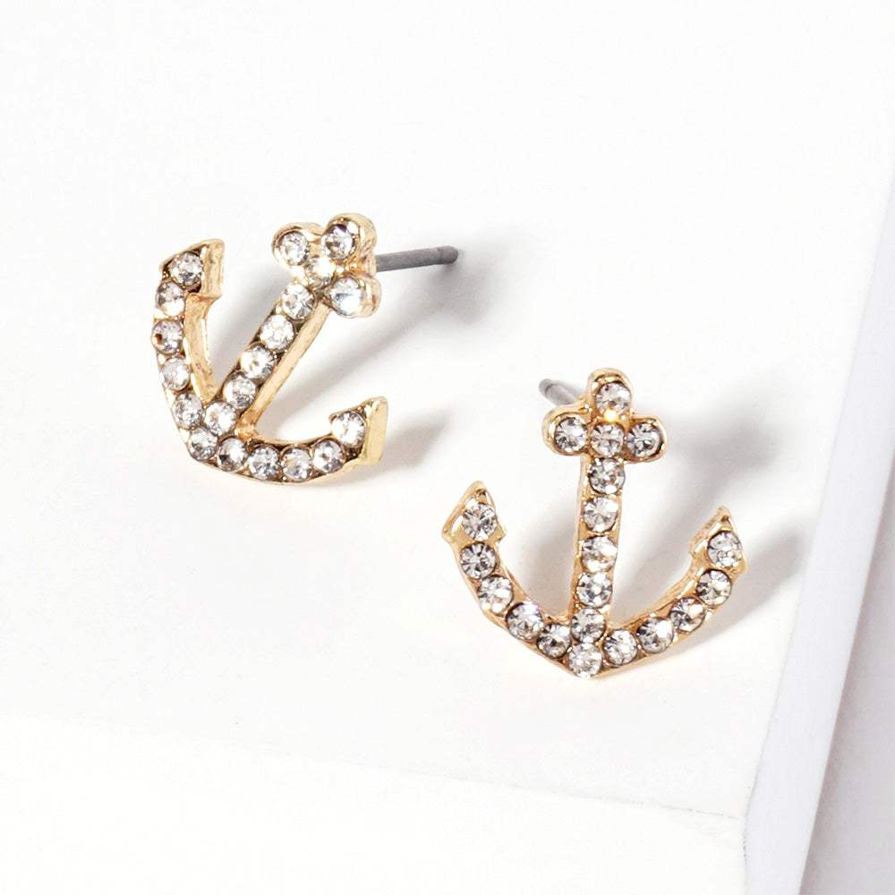 Crystal Rhinestone Paved Anchor Stud Earrings - Madeline Love - Flyclothing LLC