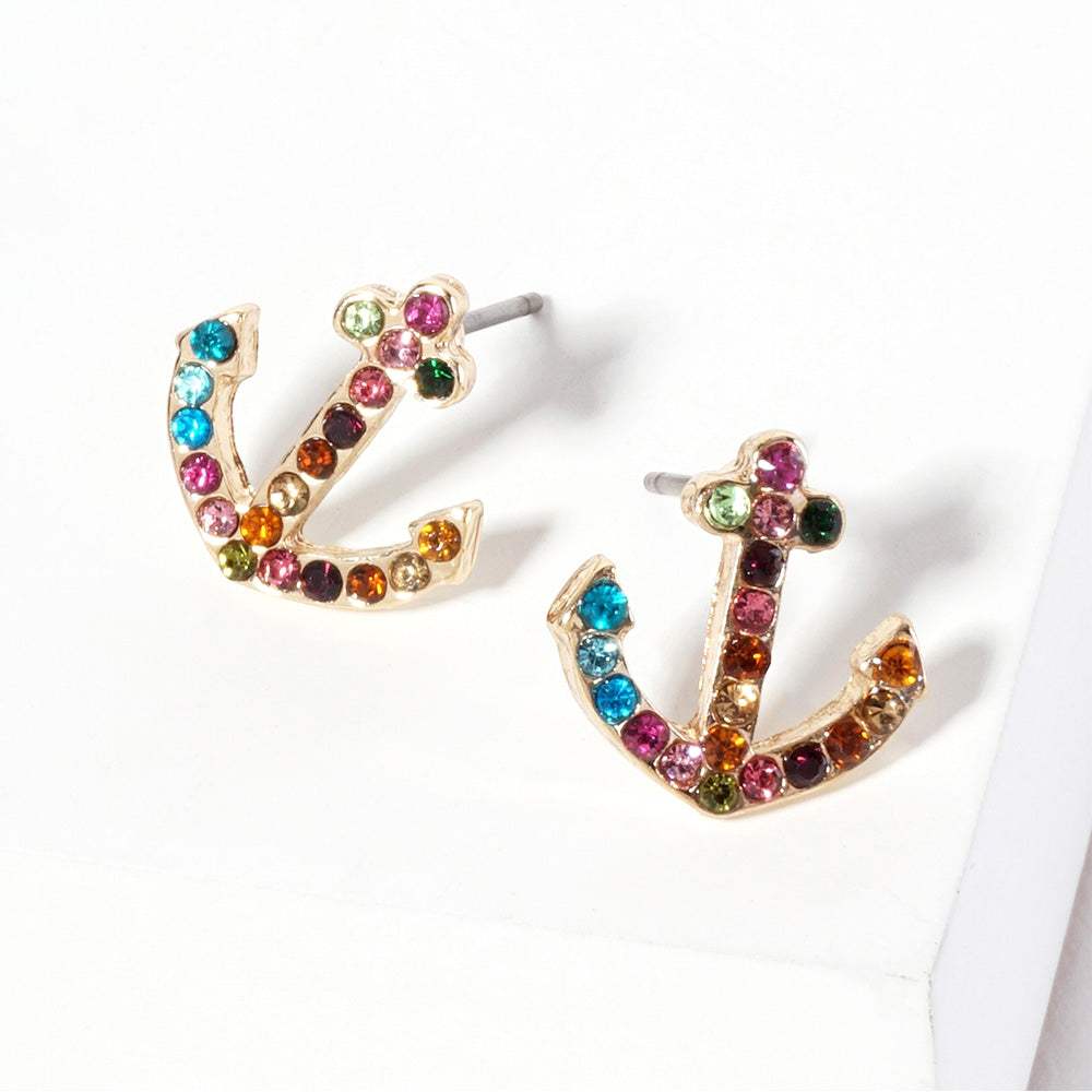 Crystal Rhinestone Paved Anchor Stud Earrings - Madeline Love - Flyclothing LLC