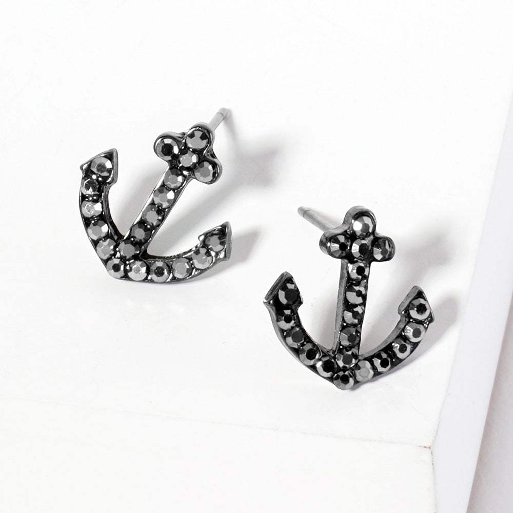 Crystal Rhinestone Paved Anchor Stud Earrings - Madeline Love - Flyclothing LLC