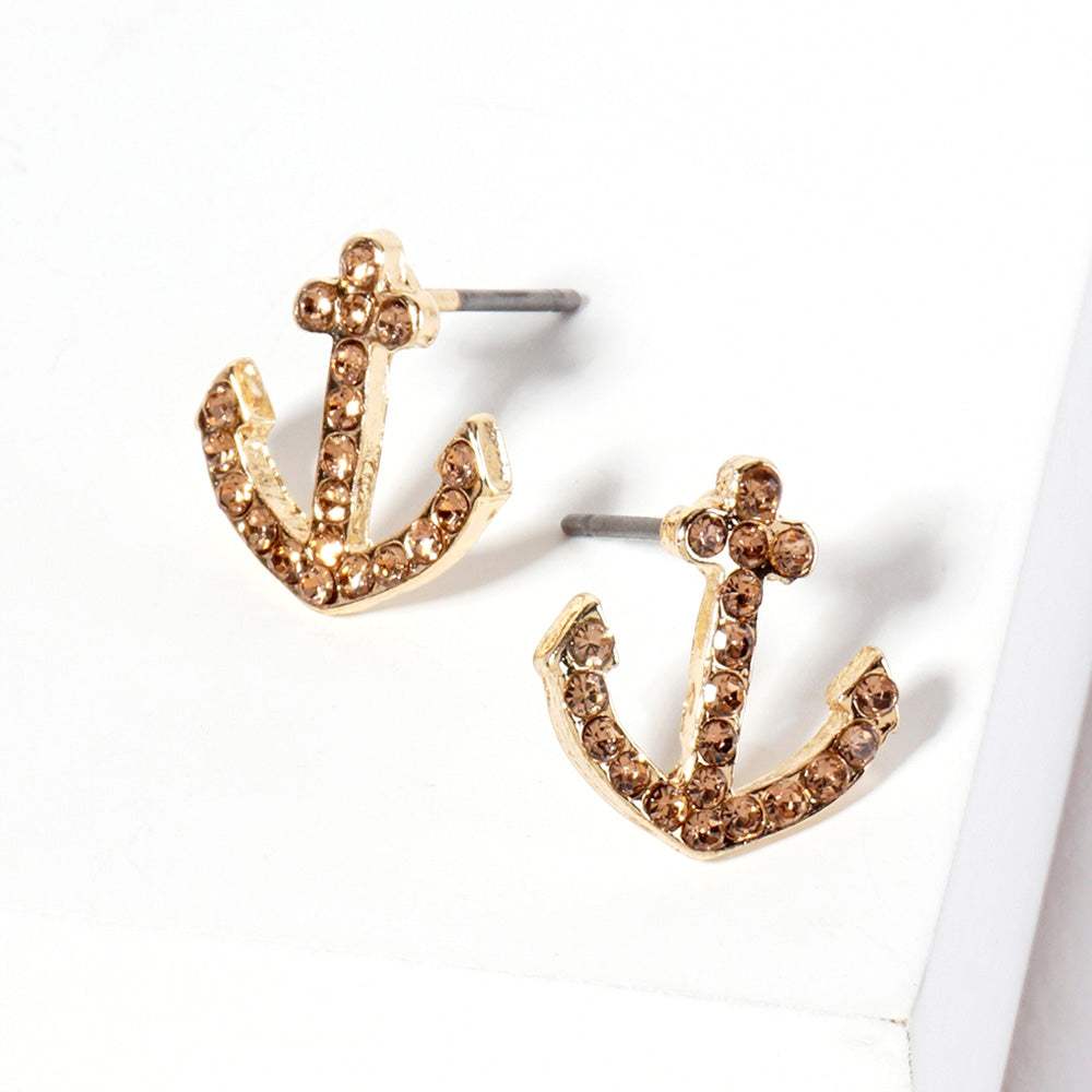 Crystal Rhinestone Paved Anchor Stud Earrings - Madeline Love - Flyclothing LLC